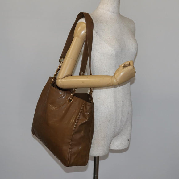 CHANEL Tote Bag Enamel Brown Gold CC Auth bs29208