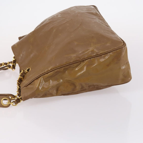 CHANEL Tote Bag Enamel Brown Gold CC Auth bs29208