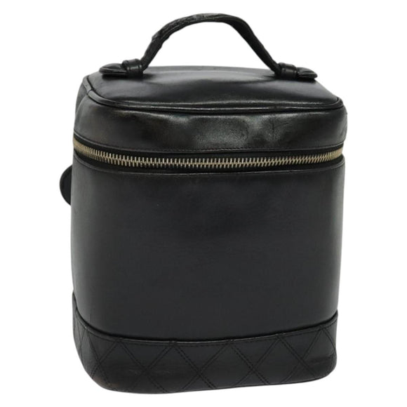 CHANEL Vanity Pouch Leather Black Gold CC Auth bs29211