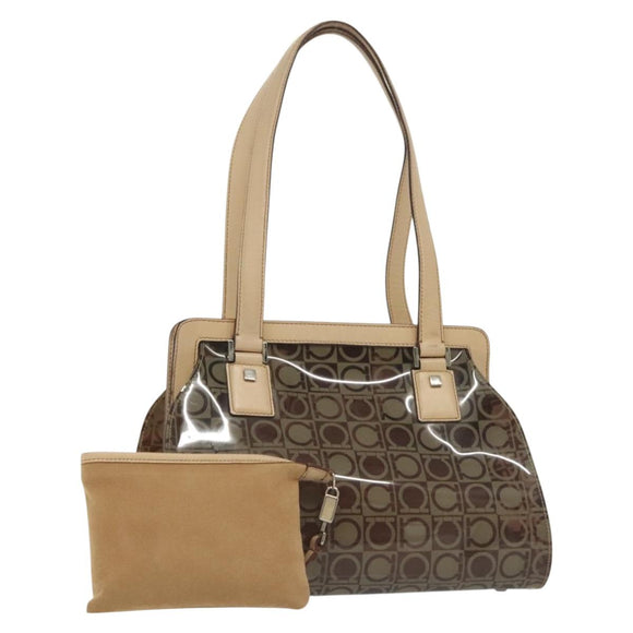 Salvatore Ferragamo Tote Bag Vinyl Leather Brown Beige Silver Auth bs29248