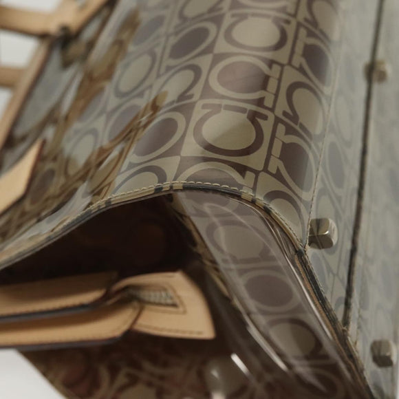 Salvatore Ferragamo Tote Bag Vinyl Leather Brown Beige Silver Auth bs29248