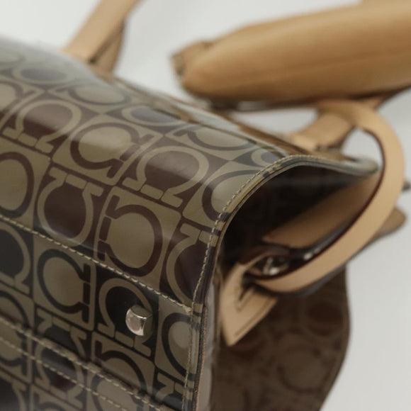 Salvatore Ferragamo Tote Bag Vinyl Leather Brown Beige Silver Auth bs29248