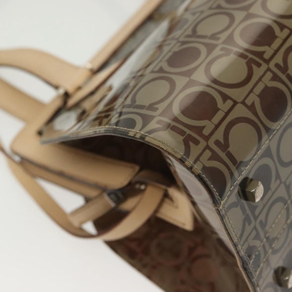 Salvatore Ferragamo Tote Bag Vinyl Leather Brown Beige Silver Auth bs29248