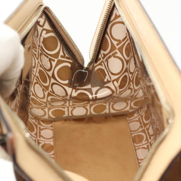 Salvatore Ferragamo Tote Bag Vinyl Leather Brown Beige Silver Auth bs29248