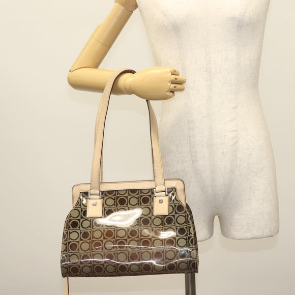 Salvatore Ferragamo Tote Bag Vinyl Leather Brown Beige Silver Auth bs29248