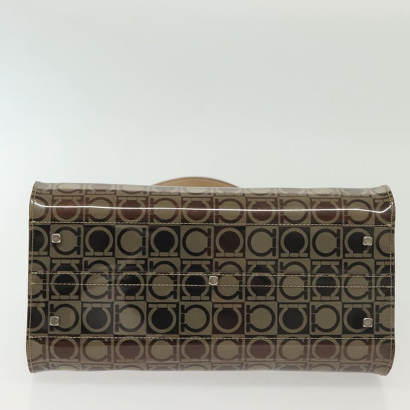 Salvatore Ferragamo Tote Bag Vinyl Leather Brown Beige Silver Auth bs29248