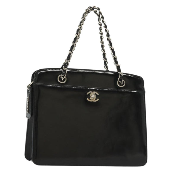 CHANEL Chain Hand Bag Enamel Black Silver CC Auth bs29249