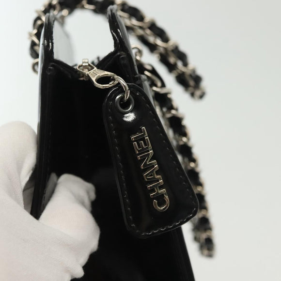 CHANEL Chain Hand Bag Enamel Black Silver CC Auth bs29249