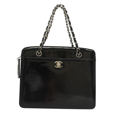 CHANEL Chain Hand Bag Enamel Black Silver CC Auth bs29249 - 0