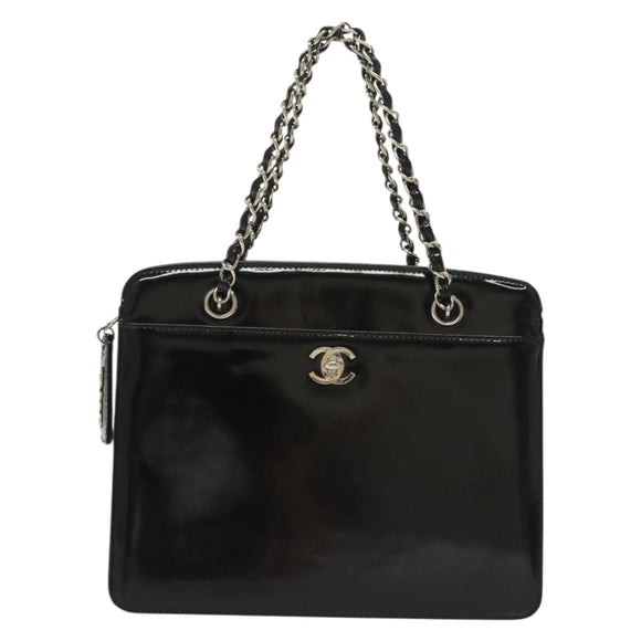 CHANEL Chain Hand Bag Enamel Black Silver CC Auth bs29249