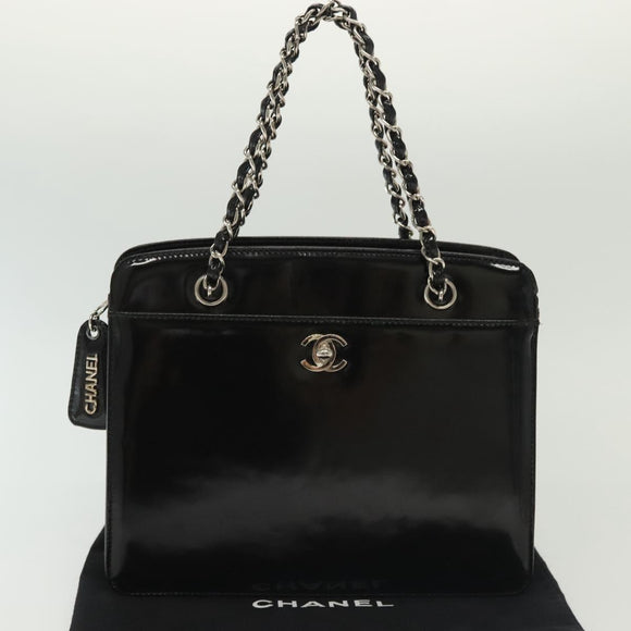 CHANEL Chain Hand Bag Enamel Black Silver CC Auth bs29249