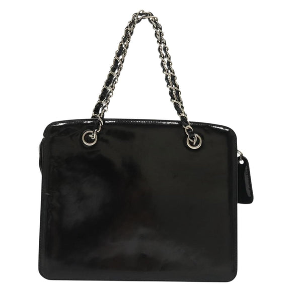 CHANEL Chain Hand Bag Enamel Black Silver CC Auth bs29249