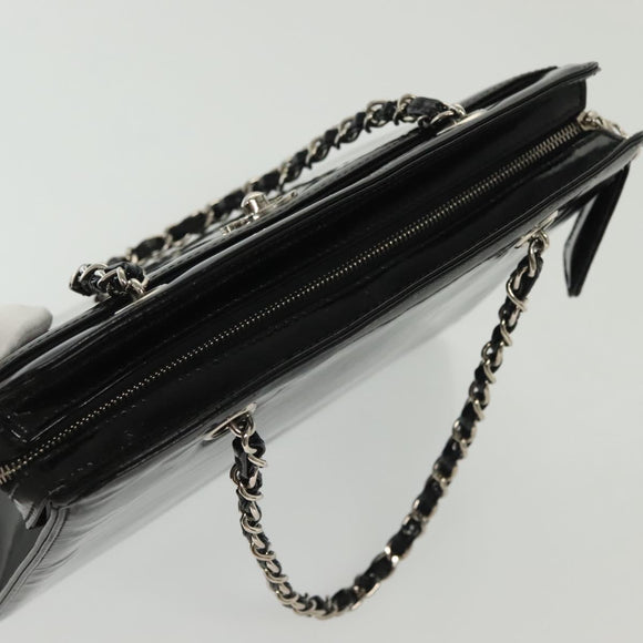 CHANEL Chain Hand Bag Enamel Black Silver CC Auth bs29249