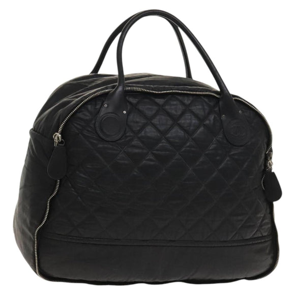 CHANEL Boston Bag Coated Canvas Black Silver CC Auth bs29253