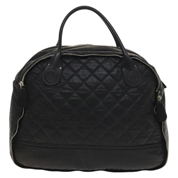 CHANEL Boston Bag Coated Canvas Black Silver CC Auth bs29253
