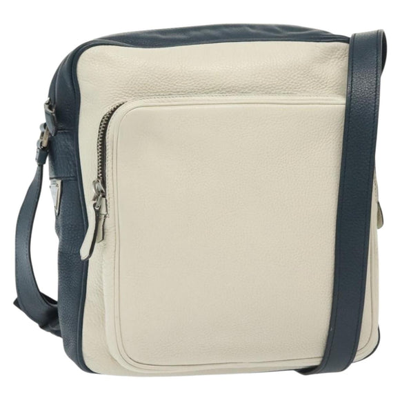 PRADA Shoulder Bag Leather White Blue Silver Auth bs29256