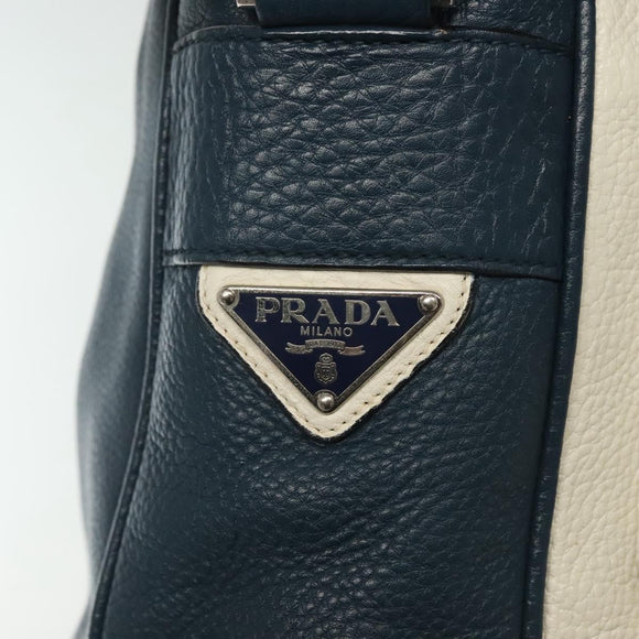 PRADA Shoulder Bag Leather White Blue Silver Auth bs29256
