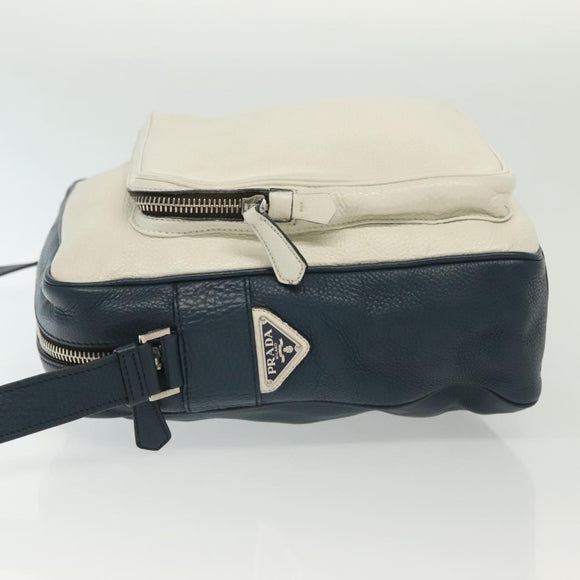 PRADA Shoulder Bag Leather White Blue Silver Auth bs29256