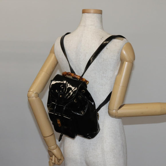 GUCCI Bamboo Backpack Enamel Black Gold 003 2058 0030 Auth bs29262