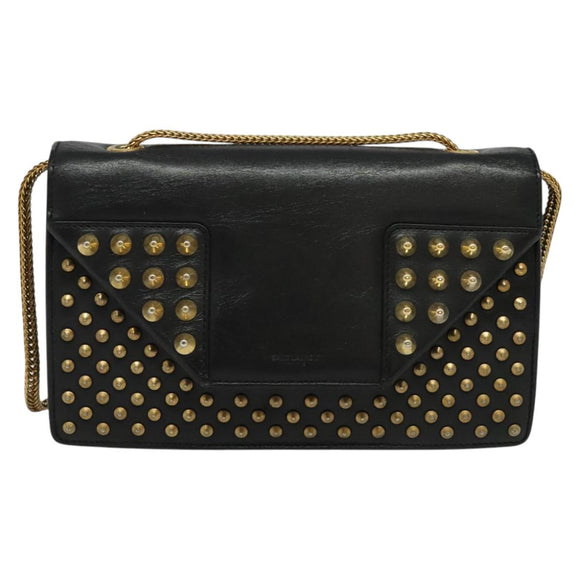 SAINT LAURENT Studs Chain Shoulder Bag Leather Black Gold Auth bs29263