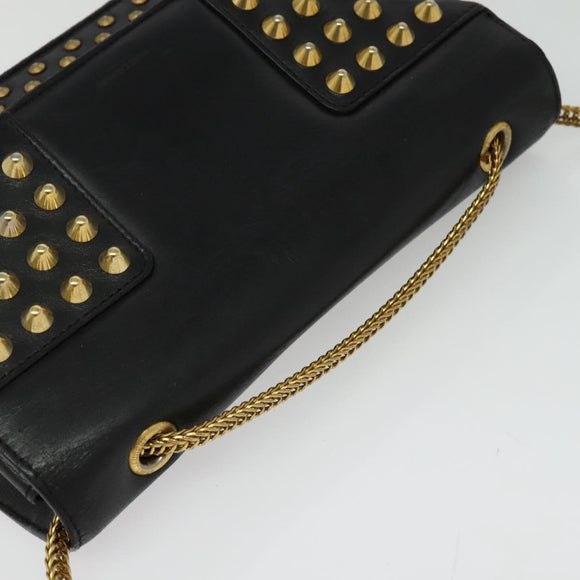 SAINT LAURENT Studs Chain Shoulder Bag Leather Black Gold Auth bs29263