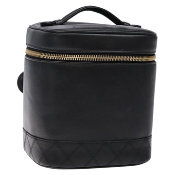 CHANEL Vanity Pouch Leather Black Gold CC Auth bs29276