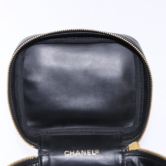 CHANEL Vanity Pouch Leather Black Gold CC Auth bs29276