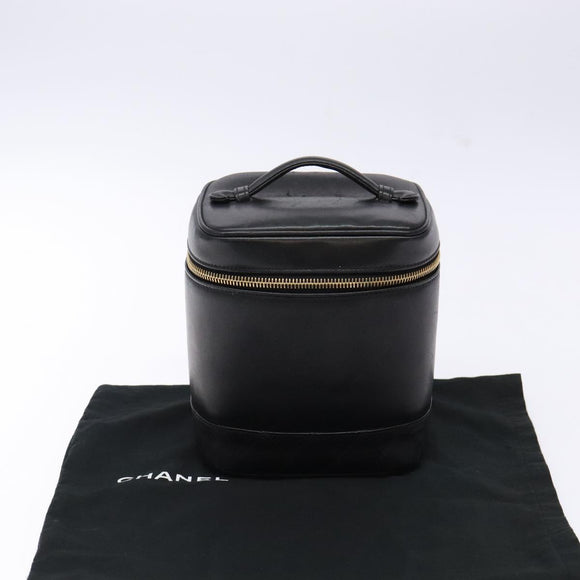 CHANEL Vanity Pouch Leather Black Gold CC Auth bs29276
