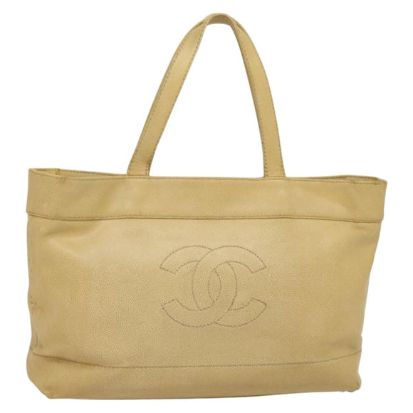 CHANEL Tote Bag Caviar Skin Beige Gold CC Auth bs29277