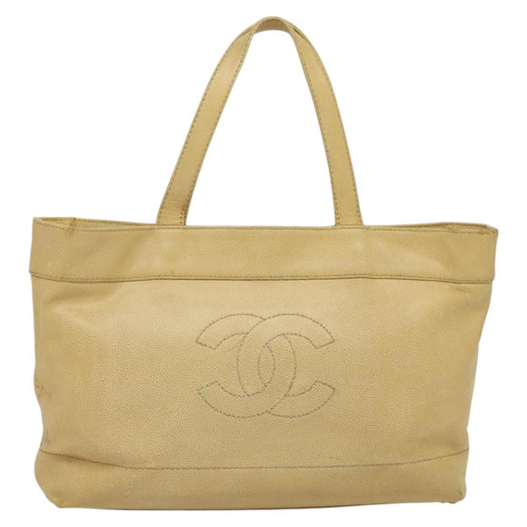 CHANEL Tote Bag Caviar Skin Beige Gold CC Auth bs29277