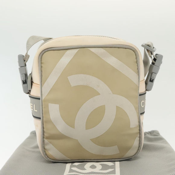 CHANEL Sports Shoulder Bag Nylon Beige Gray CC Auth bs29288