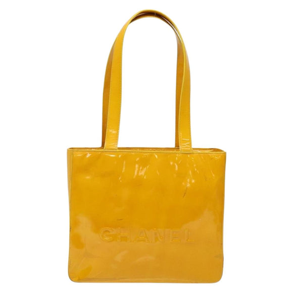 CHANEL Tote Bag Patent leather Yellow CC Auth bs29321