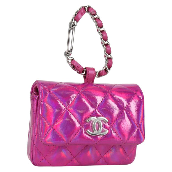 CHANEL Matelasse Pouch Patent leather Pink Silver CC Auth bs29324M