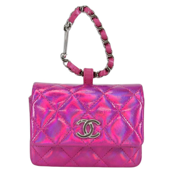 CHANEL Matelasse Pouch Patent leather Pink Silver CC Auth bs29324M