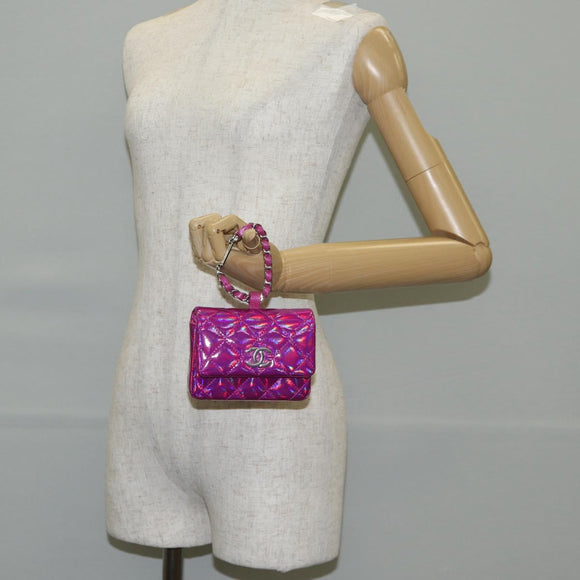 CHANEL Matelasse Pouch Patent leather Pink Silver CC Auth bs29324M