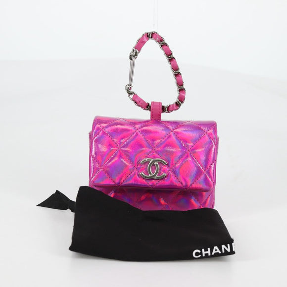 CHANEL Matelasse Pouch Patent leather Pink Silver CC Auth bs29324M