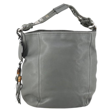 GUCCI Bamboo Shoulder Bag Leather Gray Gold Auth bs29327