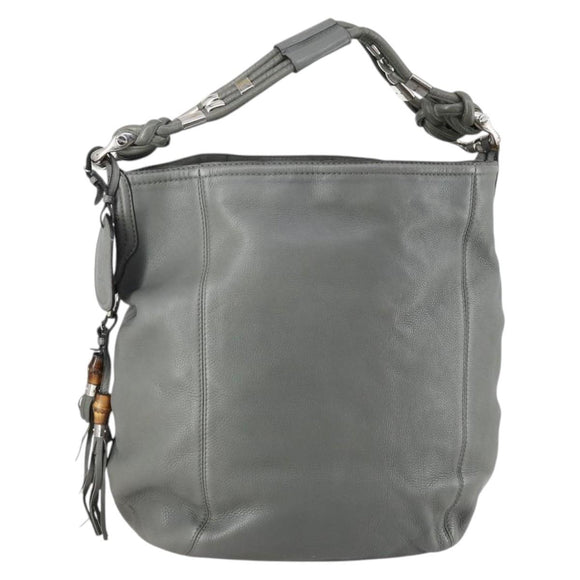 GUCCI Bamboo Shoulder Bag Leather Gray Gold Auth bs29327