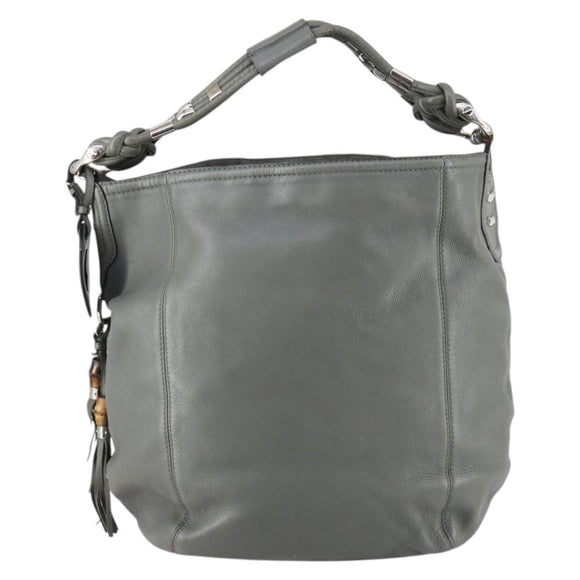GUCCI Bamboo Shoulder Bag Leather Gray Gold Auth bs29327