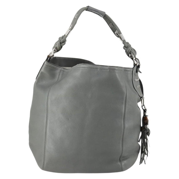 GUCCI Bamboo Shoulder Bag Leather Gray Gold Auth bs29327
