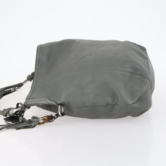 GUCCI Bamboo Shoulder Bag Leather Gray Gold Auth bs29327