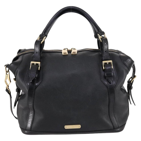 BURBERRY Boston Bag Leather 2way Black gold Auth bs29336