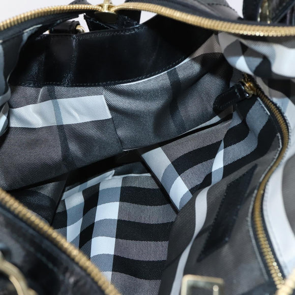 BURBERRY Boston Bag Leather 2way Black gold Auth bs29336
