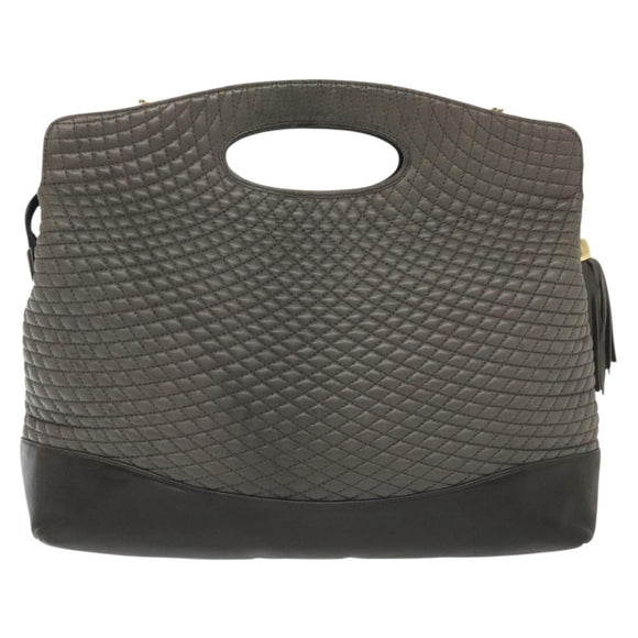 BALLY Quilted Hand Bag Leather 2way Gray Gold Auth bs29340