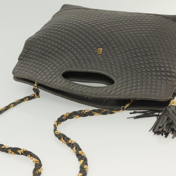 BALLY Quilted Hand Bag Leather 2way Gray Gold Auth bs29340