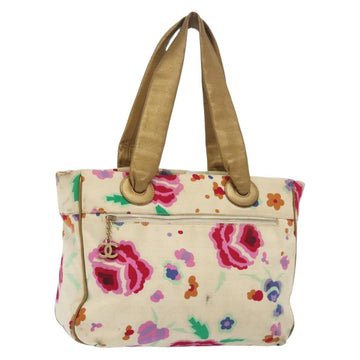 CHANEL Tote Bag Canvas White Gold CC Auth bs29343