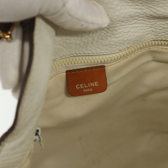 CELINE Shoulder Bag Leather White Silver Auth bs29347