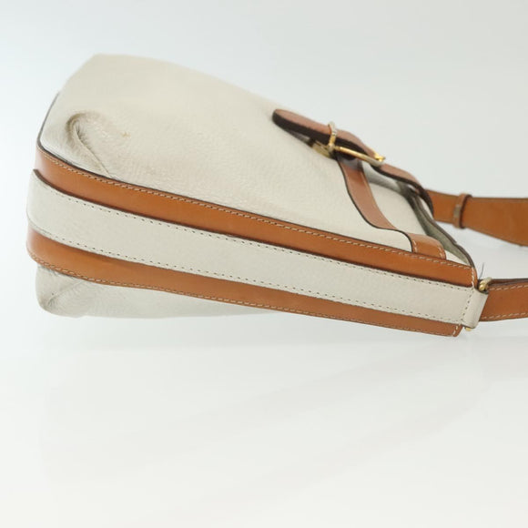 CELINE Shoulder Bag Leather White Silver Auth bs29347