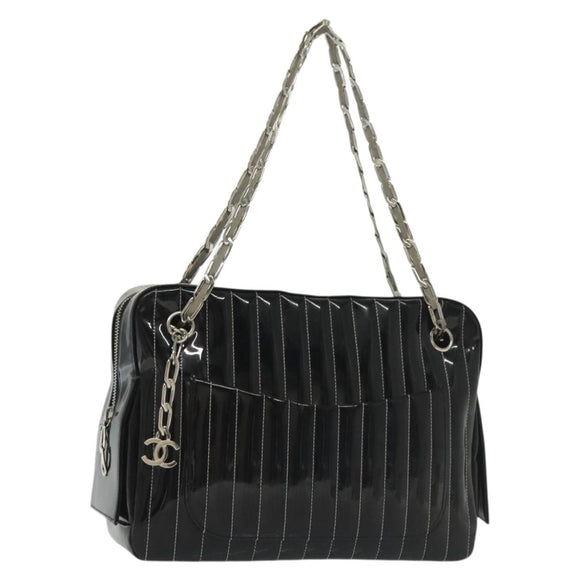 CHANEL Mademoiselle Chain Bag Patent leather Black Silver CC Auth bs29353