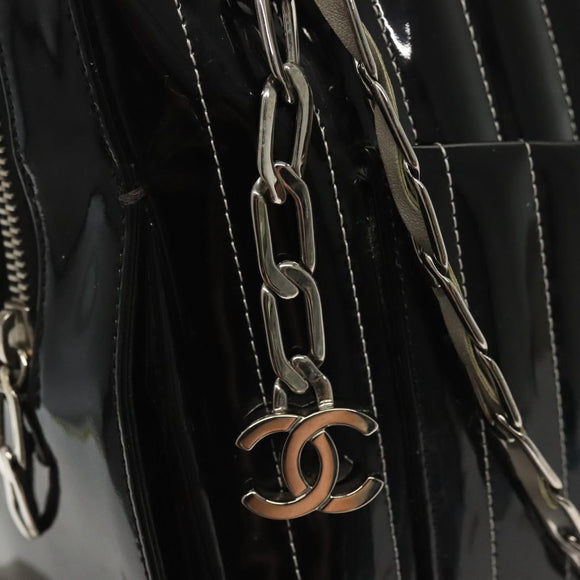 CHANEL Mademoiselle Chain Bag Patent leather Black Silver CC Auth bs29353